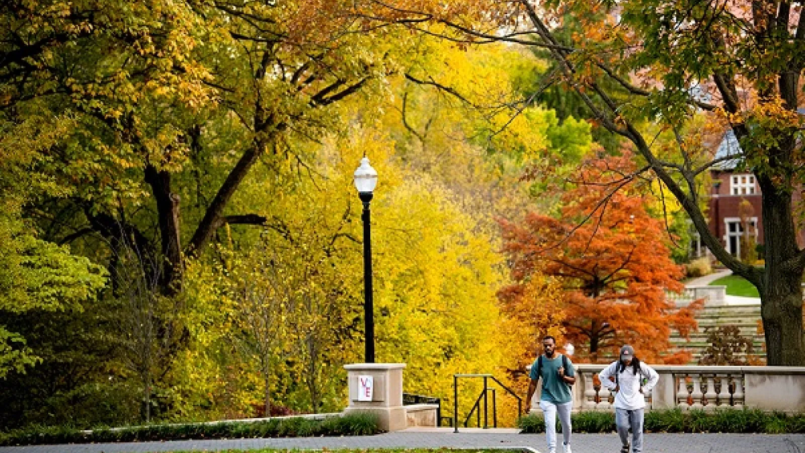 students walk across campus