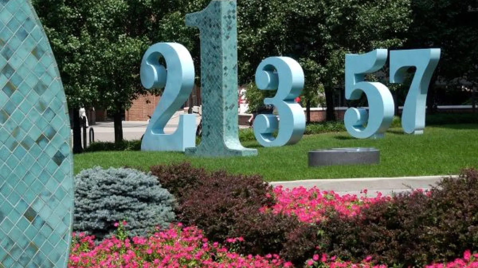 Garden of Constants, teal blue sculptures of numbers