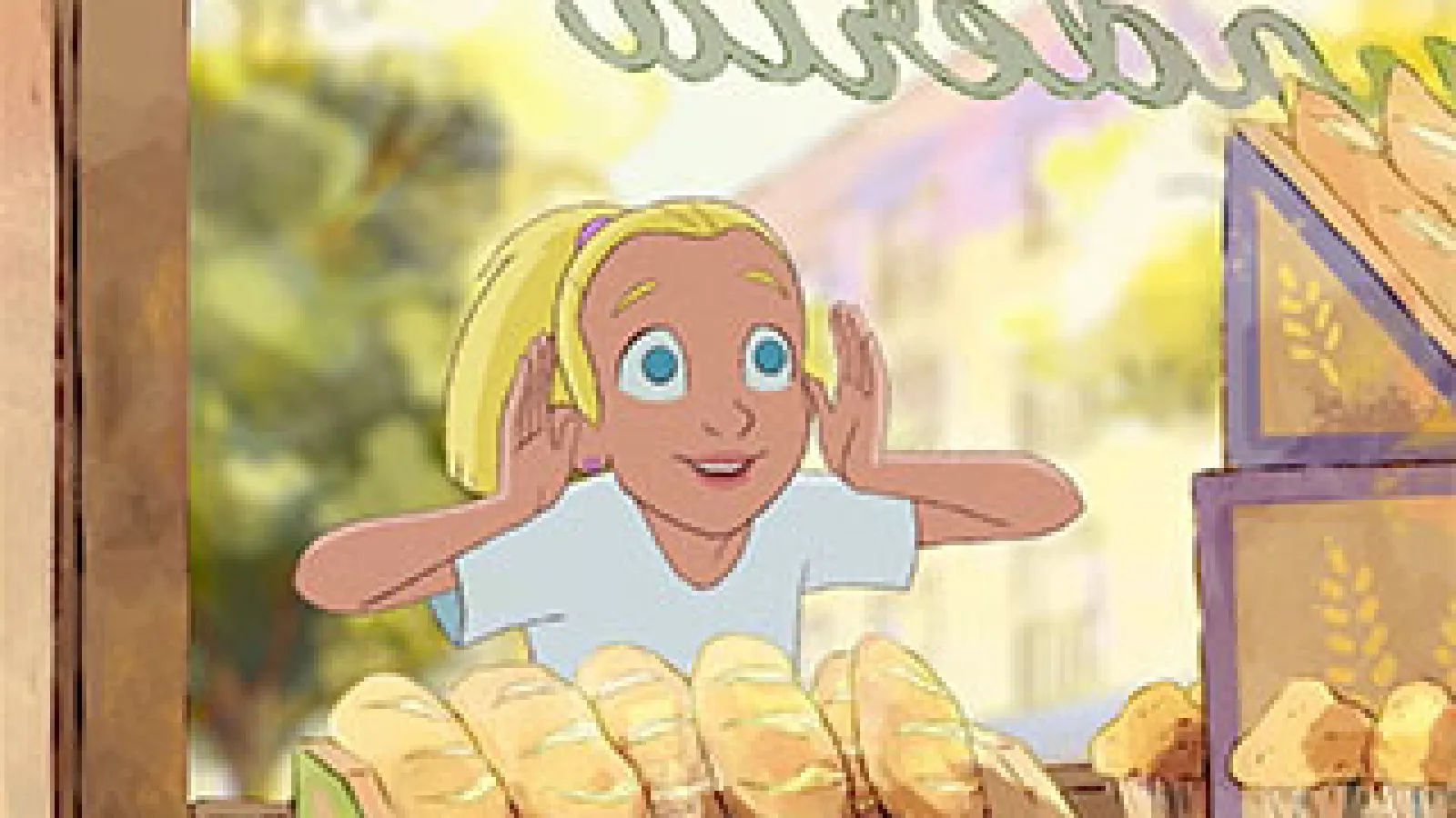 A young blond girl looking through the window at a bakery