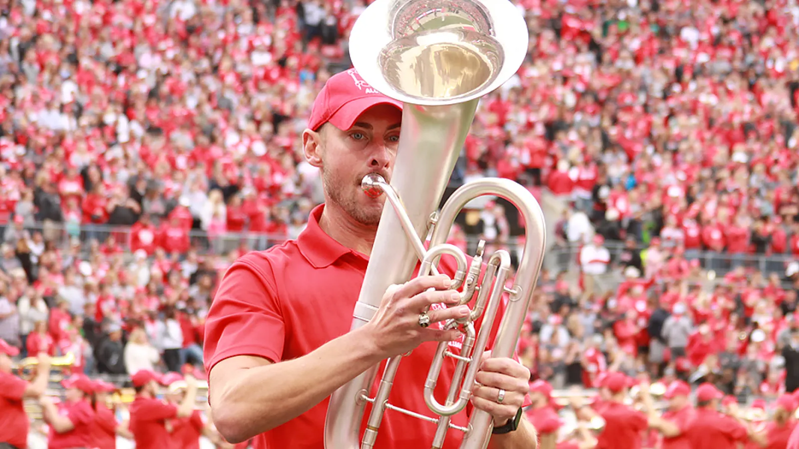 Rob Gast marches on the field during TBDBITL reunion halftime performance during the Ohio State vs. Tulane football game on Saturday, Sept. 22. 