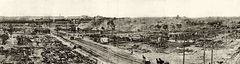 A panoramic view of the aftermath of the Tulsa Race Massacre
