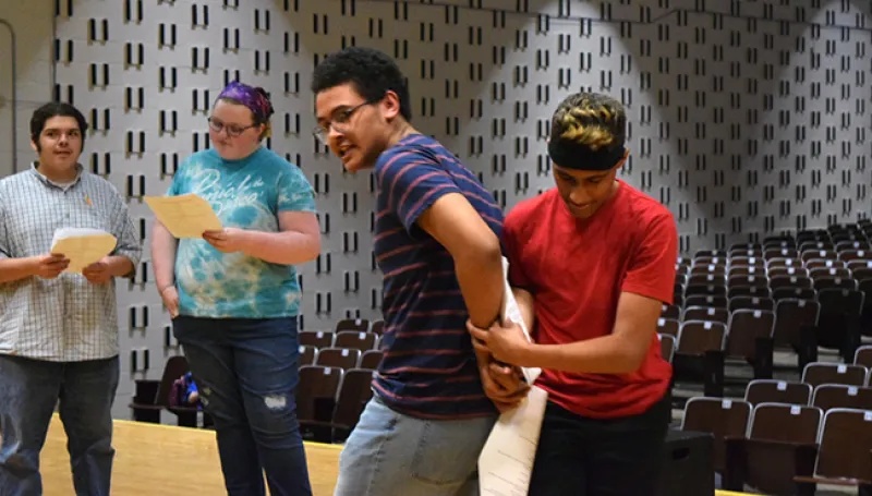 Rehearsal of "If a Tree Falls," a 30-minute patchwork play highlighting the opioid crisis in Ohio as seen through the eyes of local high school students.
